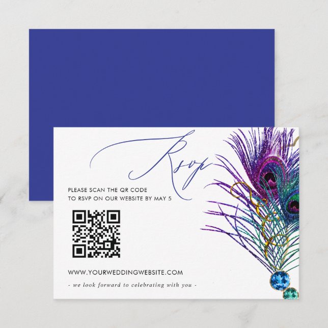 Glitter Gold Blue Purple Peacock Plume QR CODE RSVP Karte (Vorne/Hinten)