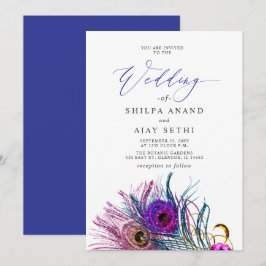 Glitter Gold Blue Purple Peacock Plume Wedding Einladung
