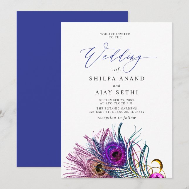 Glitter Gold Blue Purple Peacock Plume Wedding Einladung (Vorne/Hinten)