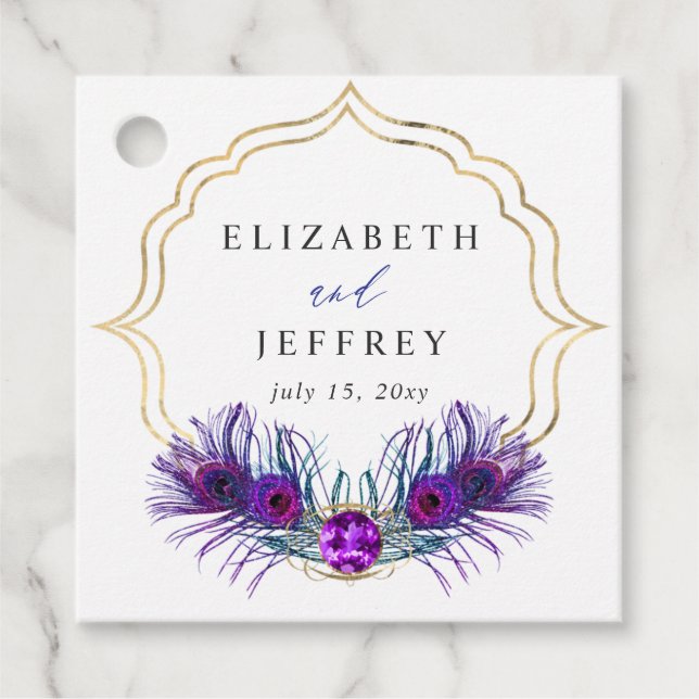 Glitter Gold Blue Purple Peacock Plume Wedding Geschenkanhänger (Vorderseite)