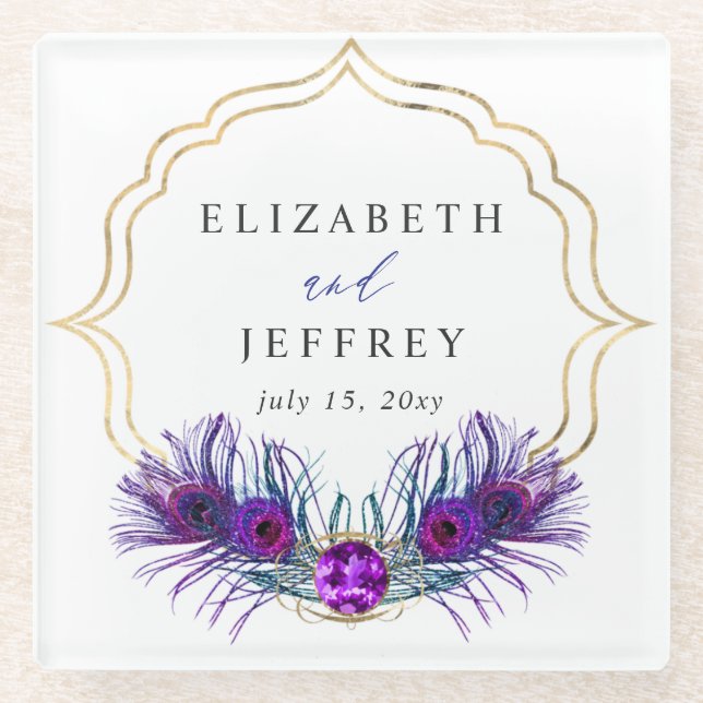 Glitter Gold Blue Purple Peacock Plume Wedding Glasuntersetzer (Vorderseite)