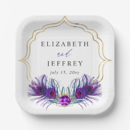 Glitter Gold Blue Purple Peacock Plume Wedding Pappteller