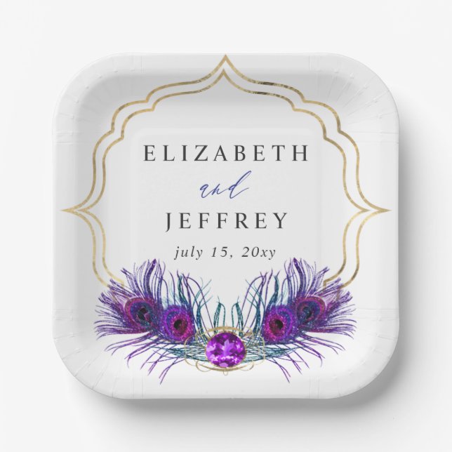 Glitter Gold Blue Purple Peacock Plume Wedding Pappteller (Vorderseite)