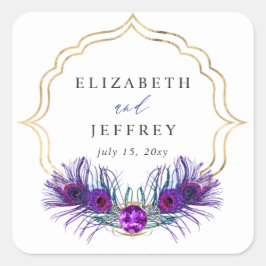Glitter Gold Blue Purple Peacock Plume Wedding Quadratischer Aufkleber