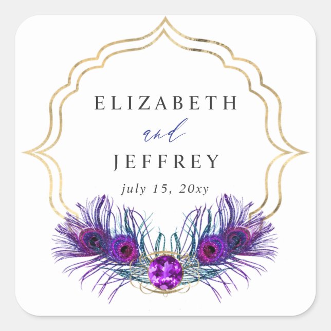 Glitter Gold Blue Purple Peacock Plume Wedding Quadratischer Aufkleber (Vorderseite)