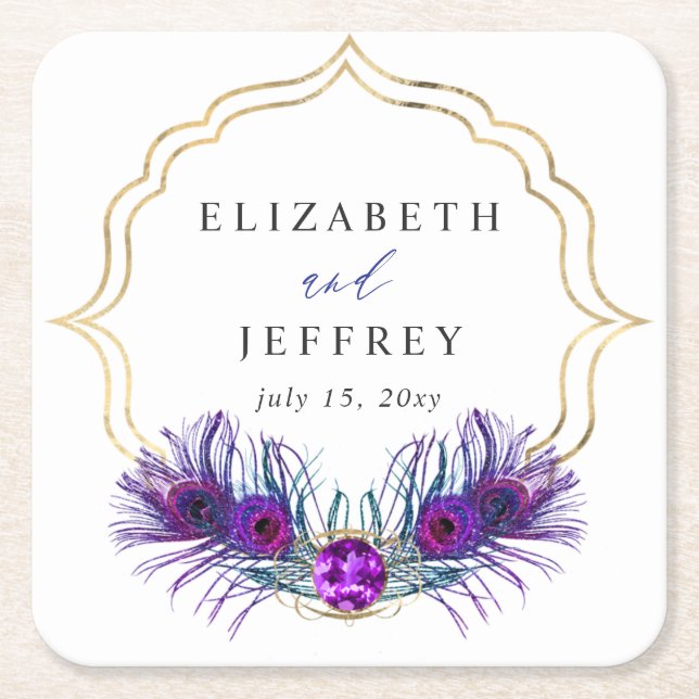 Glitter Gold Blue Purple Peacock Plume Wedding Rechteckiger Pappuntersetzer (Vorderseite)