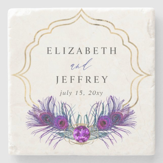 Glitter Gold Blue Purple Peacock Plume Wedding Steinuntersetzer (Vorderseite)