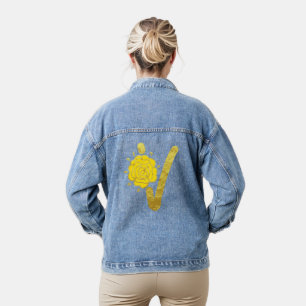 Glitter Gold Gelb Florales Monogramm V Damen Jeansjacke