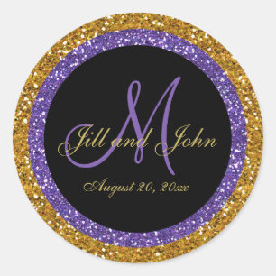 Glitter Gold Lila Hochzeits-Monogramm-Siegel-Aufkl Runder Aufkleber