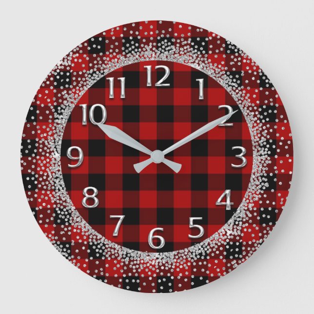 Glitter Grey Numbers Buffalo Lumberjack Red Black Große Wanduhr (Vorderseite)