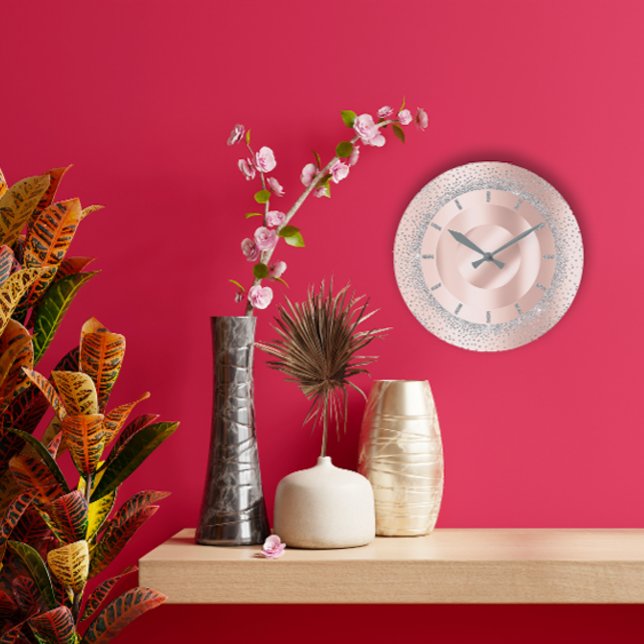 Glitter Grey Rose Gold Metal Blush Beauty Lux Große Wanduhr (Glitter Grey Rose Gold Metal Blush Beauty Lux Large Clock)