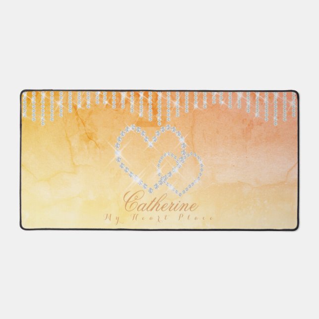 Glitter Hearts Yellow Peach Desk Mat Schreibtischunterlage (Vorderseite)