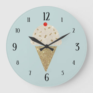 Glitter Ice Cream Cone Red Cherry on Blue Große Wanduhr
