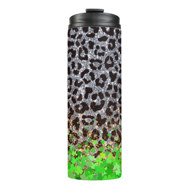 Glitter Leopard Print mit Kleeblatt Overlay Thermosbecher (Vorderseite)