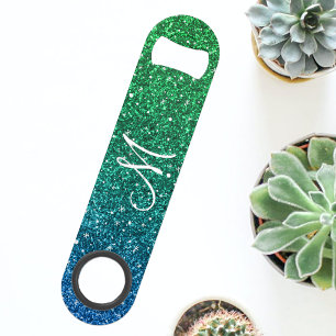 Glitter-Look Monogramm in hellgrün und blau Speed Flaschenöffner