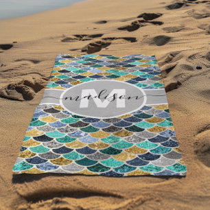 Glitter-Look-Schuppen der Meerjungfrau Monogramm B Strandtuch