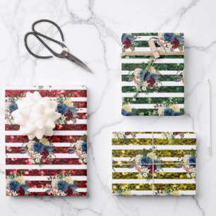 Glitter-Look Winter Floral Streifenmuster Geschenkpapier Set