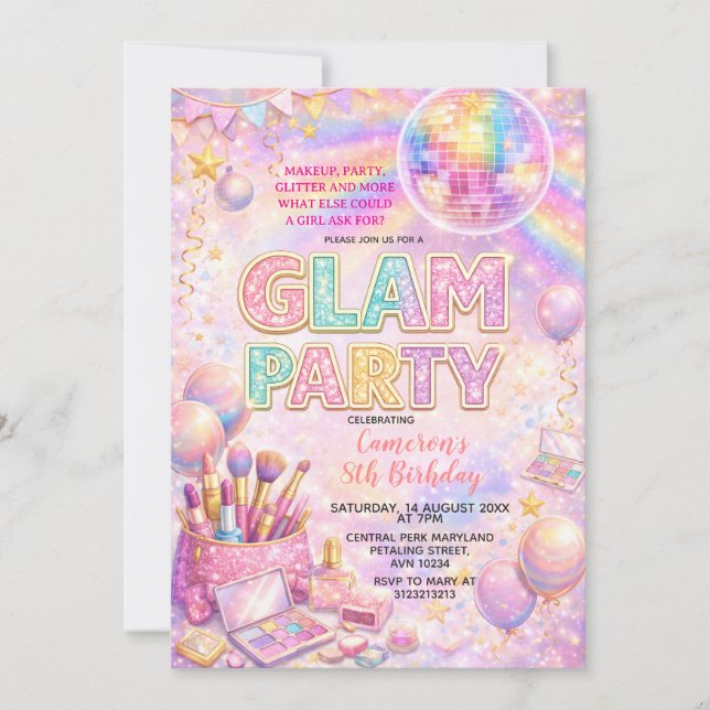 Glitter Makeup Disco Glam Kids Birthday Party Einladung (Vorderseite)