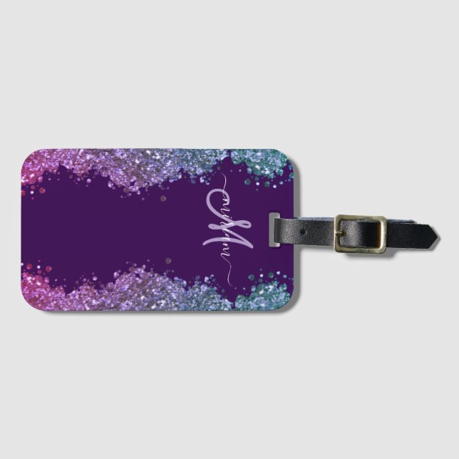 Glitter Modern Monogram Purple Teal Blue Shiny  Gepäckanhänger (Vorderseite (Horizontal))
