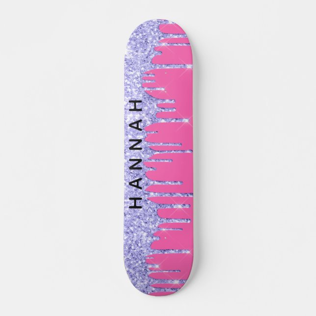 Glitter Purple Drips Personalized Hot Pink Skateboard (Vorne)