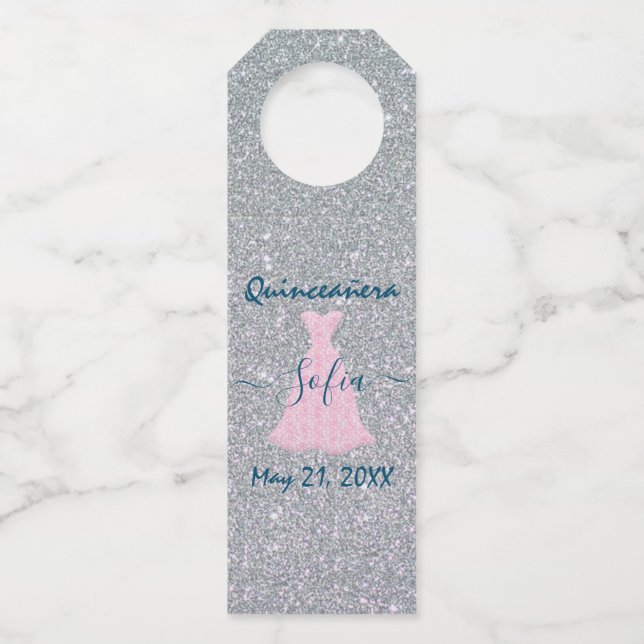 Glitter Quinceanera Gedenkfeier Flaschenanhänger (Vorderseite)