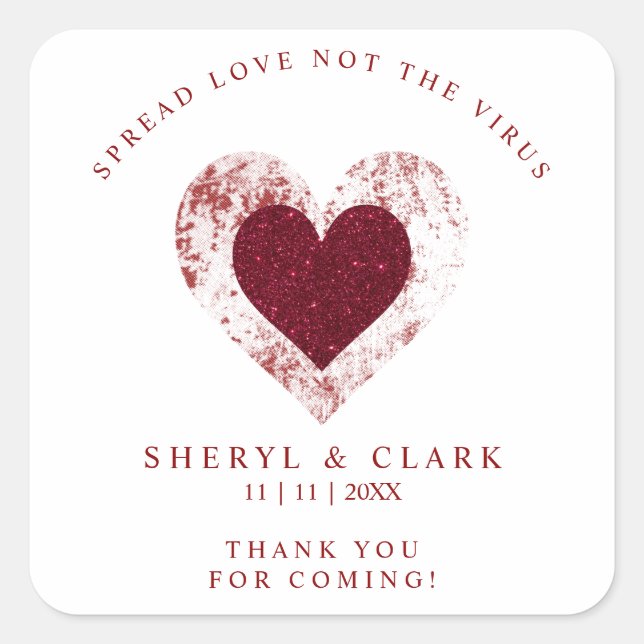 Glitter Red Heart Pandemic Wedding Spread Love Quadratischer Aufkleber (Vorderseite)