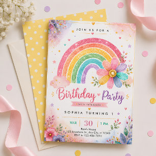 Glitter Regenbogen Erster Geburtstag Einladung