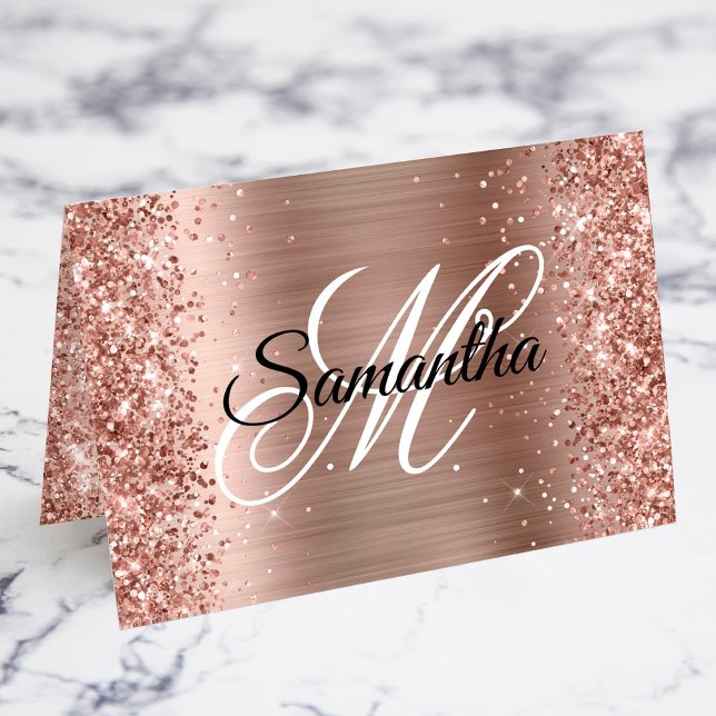 Glitter Rose Gold Fancy Monogramme Cartes de Place (Fold your own individual place cards with a girly glam personalized fancy monogram.)