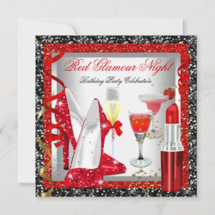 Glitter Rot Schwarz Glamour Nacht Cocktails Party Einladung