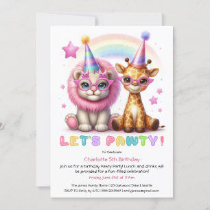 Glitter Safari Geburtstag Einhorn Löwe & Giraffe Einladung