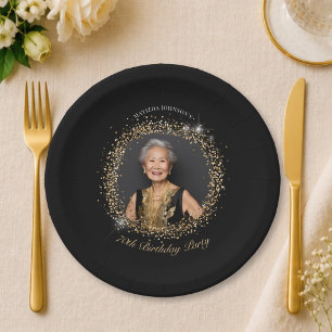 Glitter Schwarz Gold 70. Geburtstagsfeier Pappteller