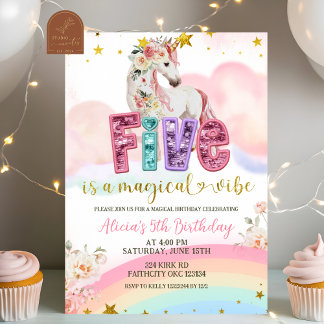 Glitter Sequin Magical Unicorn 5th Birthday Einladung