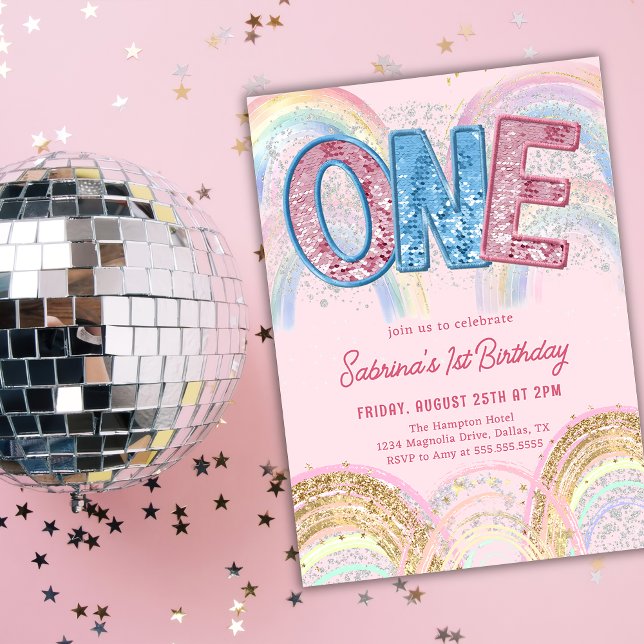 Glitter Sequin Rainbow 1st Birthday Invitation Einladung (Von Creator hochgeladen)