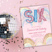 Glitter Sequin Rainbow 6th Birthday Invitation