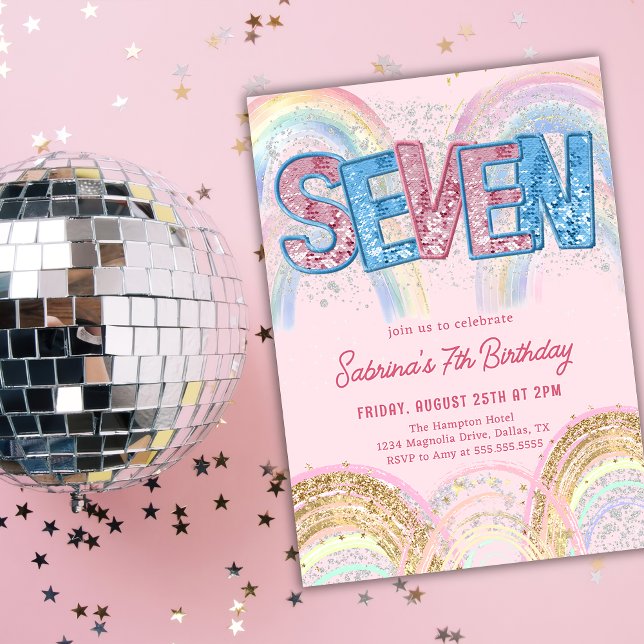 Glitter Sequin Rainbow 7th Birthday Invitation Einladung (Von Creator hochgeladen)