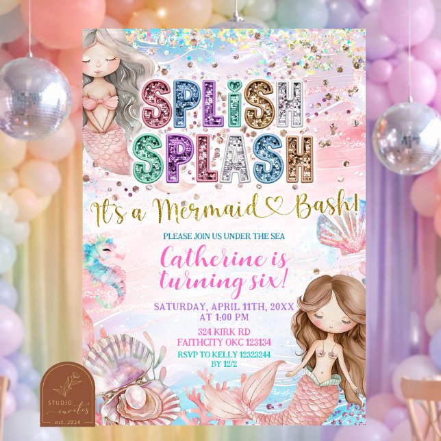 Glitter Sequin Splish Splash mermaid bash invitati Einladung (Von Creator hochgeladen)