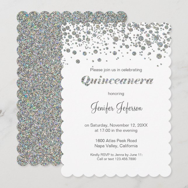 Glitter silver confetti Quinceanera Invitation Einladung (Vorne/Hinten)