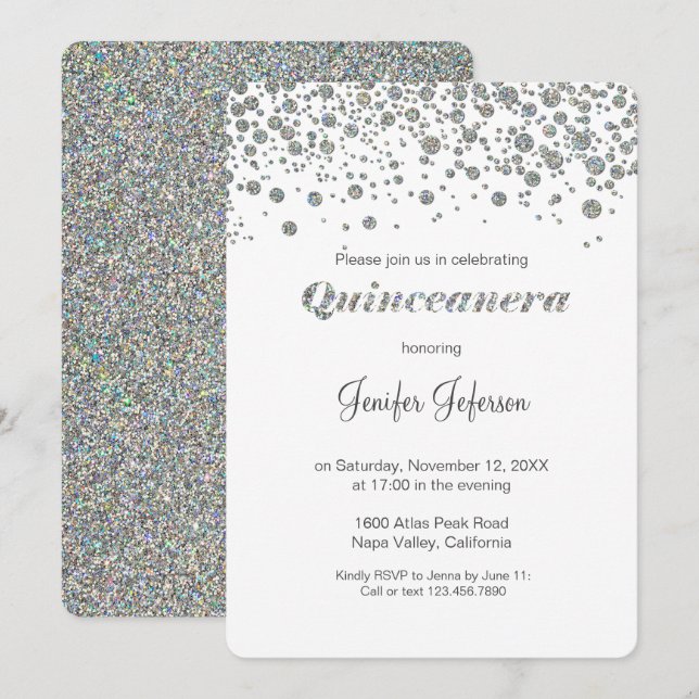 Glitter silver confetti Quinceanera Invitation Einladung (Vorne/Hinten)