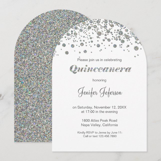 Glitter silver confetti Quinceanera Invitation Einladung (Vorne/Hinten)
