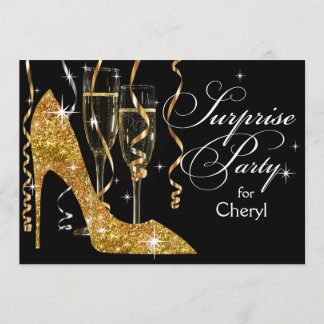 Glitter Stiletto Champagne Surprise Birthday gold Einladung
