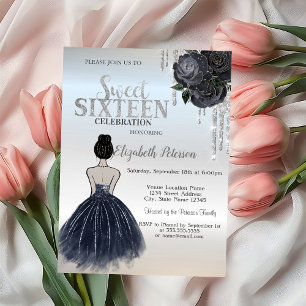 Glitter Tropfen, Dunkelblaue Kleid Rosen Sweet 16 Einladung