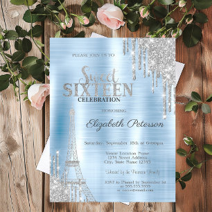 Glitter-Tropfen, Eiffelturm Blau Metallic Sweet 16 Einladung