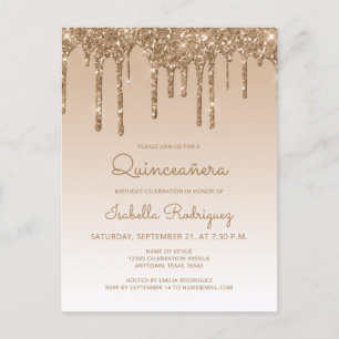 Glitter-Tropfen Gold Quinceañera-Party Postkarte