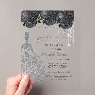 Glitter-Tropfen, Kleid Schwarze Rosen Sweet 16 Ein Acryleinladungen