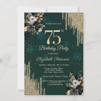 Glitter Tropfen Schwarze Rosen Grün 75. Geburtstag Einladung