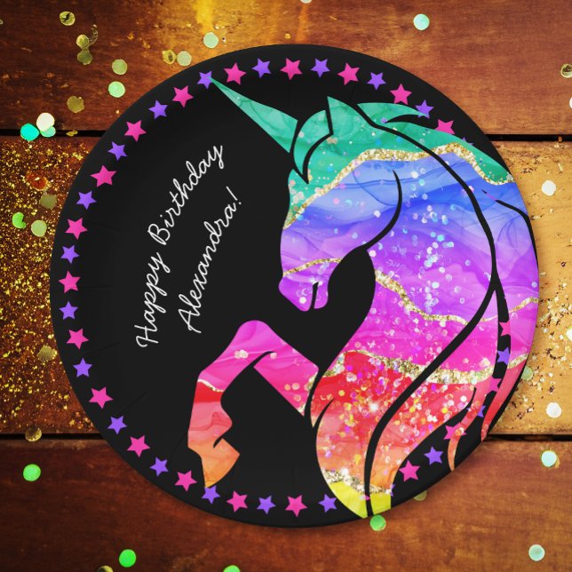 Glitter Unicorn Rainbow w/ First Name Birthday v2 Pappteller (Von Creator hochgeladen)