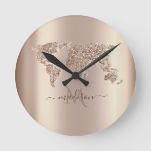 Glitter World Map Travel Monogram Runde Wanduhr