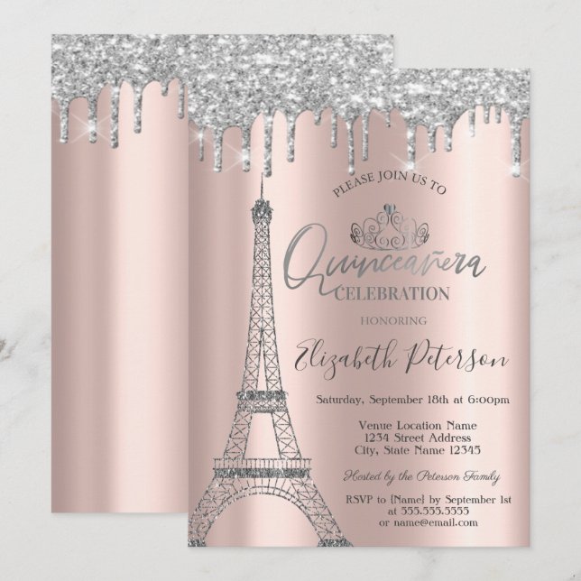 GlitterEiffelturm,Tiara,Tropfen Silver Quinceñera Einladung (Vorne/Hinten)