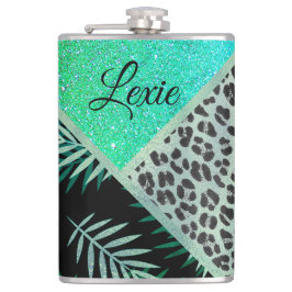 Glitterie Aquamarin tropische Leopardrucke Flachmann