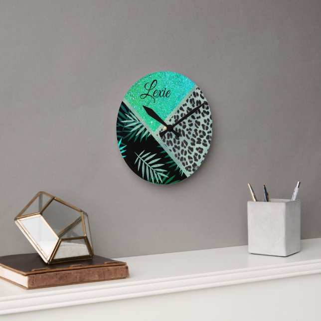 Glitterie Aquamarin tropische Leopardrucke Runde Wanduhr (Büro)